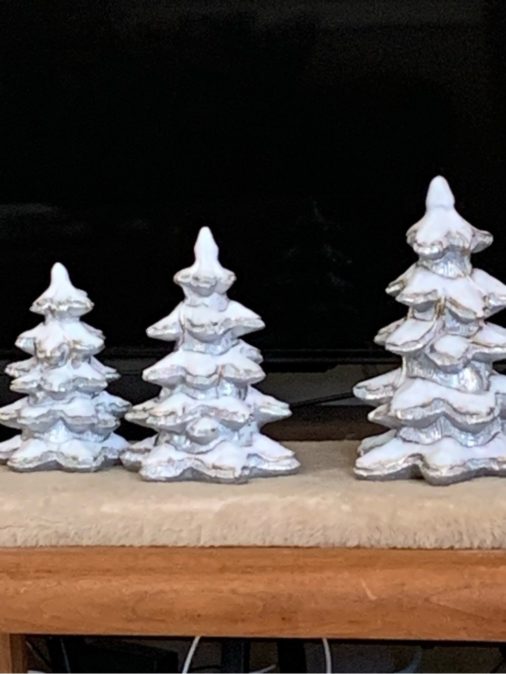 Three White Ceramic Rustic Snowy Trees Holiday Decor 12”, 11”, 10” Tall